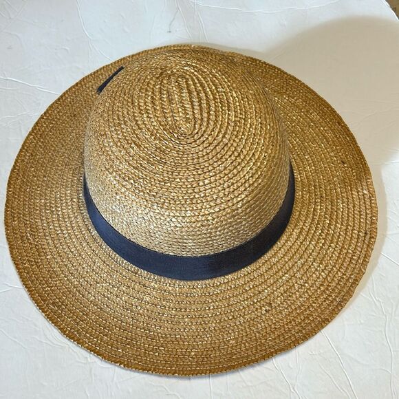 Tan Gray Ribbon Bow Straw Sun Hat One Size Fits Most Protection Beach Pool Chic - Picture 1 of 4